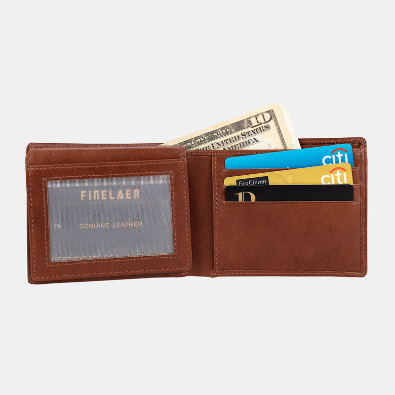 FINELAER Mens Bifold Wallet Card Soft Genuine Leather Western (Brown Carlo)