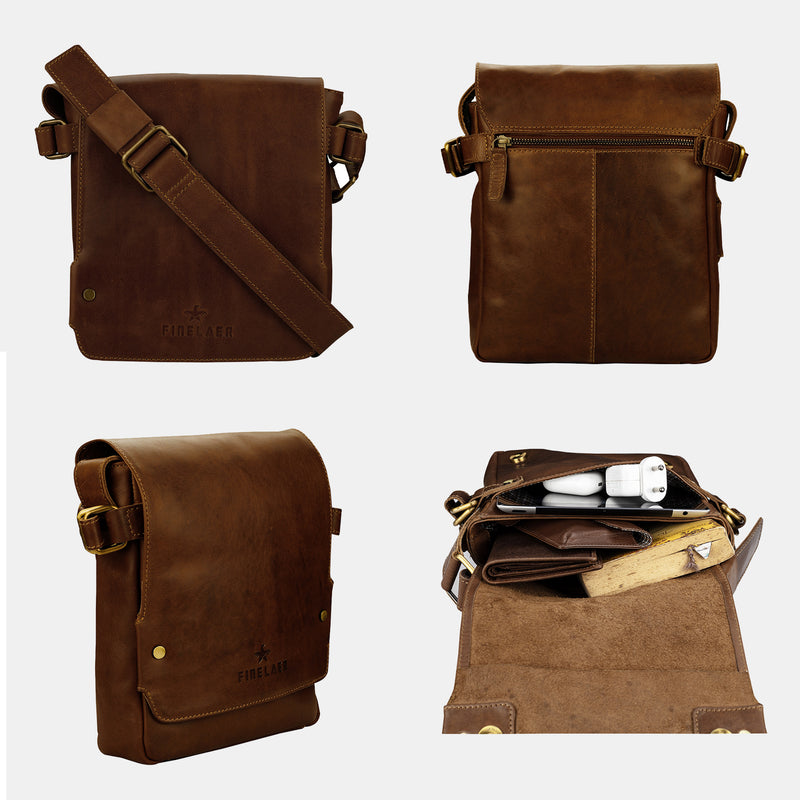 Brown Real Leather Flap Crossbody Bag for Men