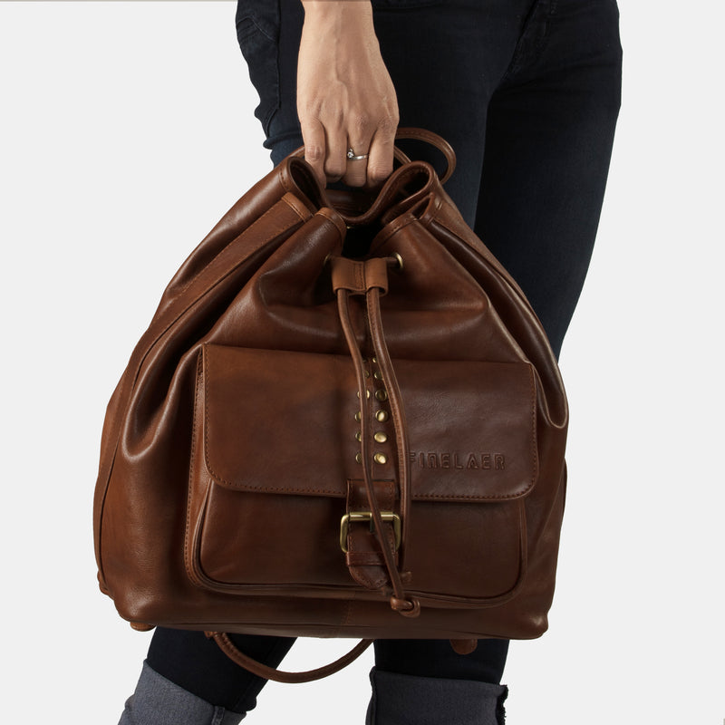 Women Drawstring Brown Leather Backpack Shoulder Bag