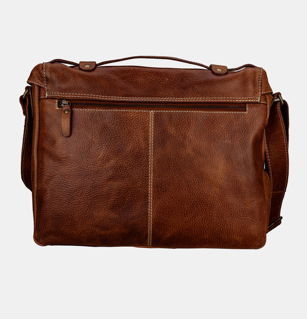 Finelaer Brown Designer Leather Messenger Bag For Men 14 inch