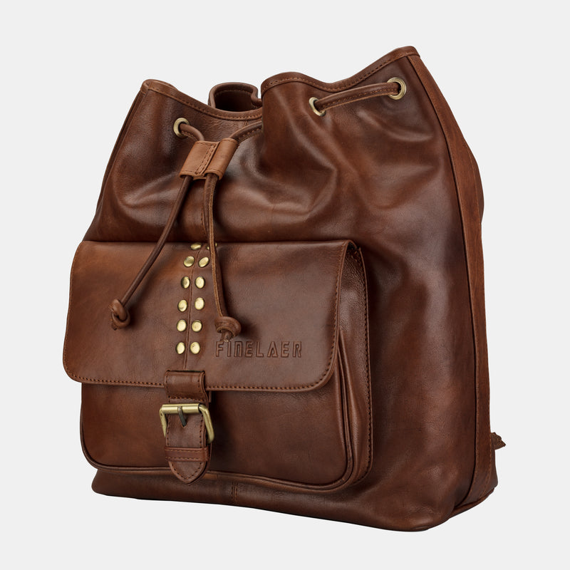Women Drawstring Brown Leather Backpack Shoulder Bag