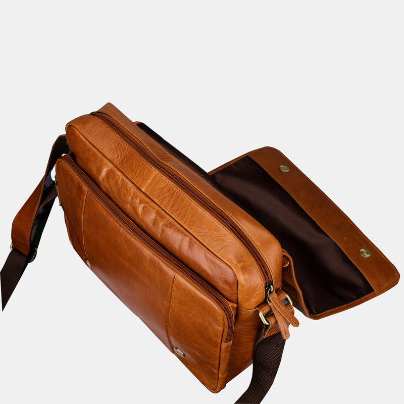 Men Leather Flap Over 14 inch Messenger Laptop  Bag