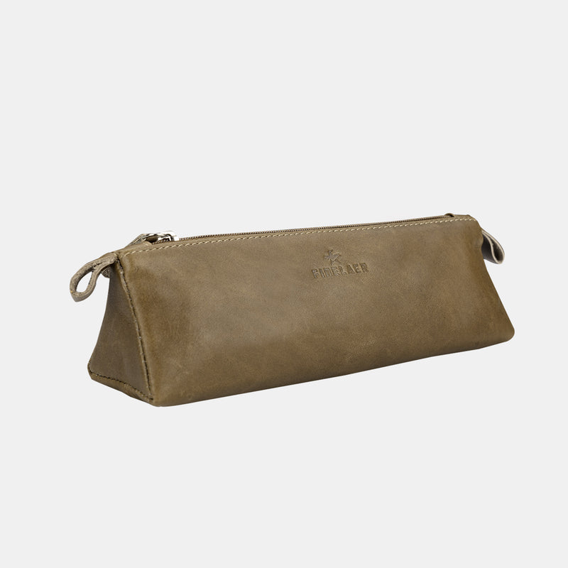 Finelaer Leather Pencil Utility Pouch, Zippered Pen case for School, Work & Office (Olive Green)