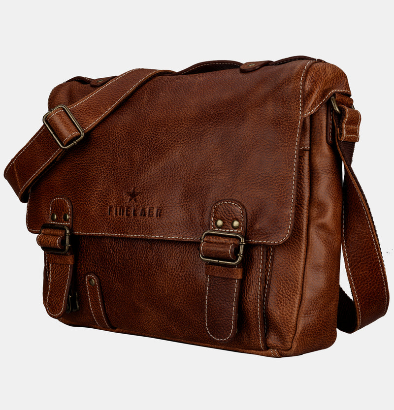 Finelaer Brown Designer Leather Messenger Bag For Men 14 inch
