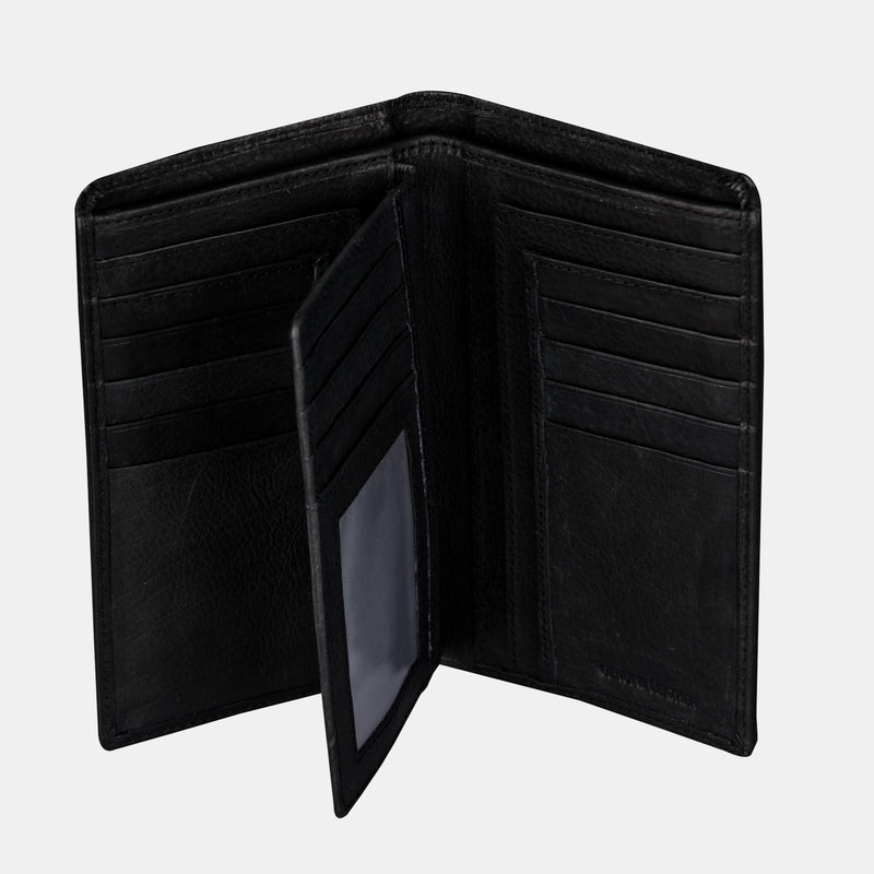 Black Leather Long Bifold Coat Wallets for Men