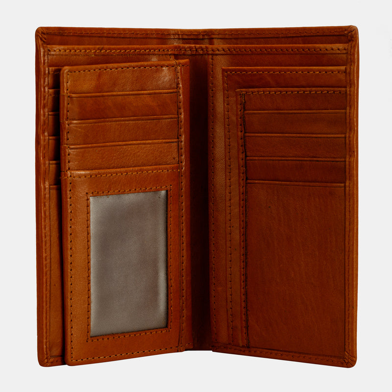 FINELAER Brown Leather Long Bifold Coat Wallets for Men