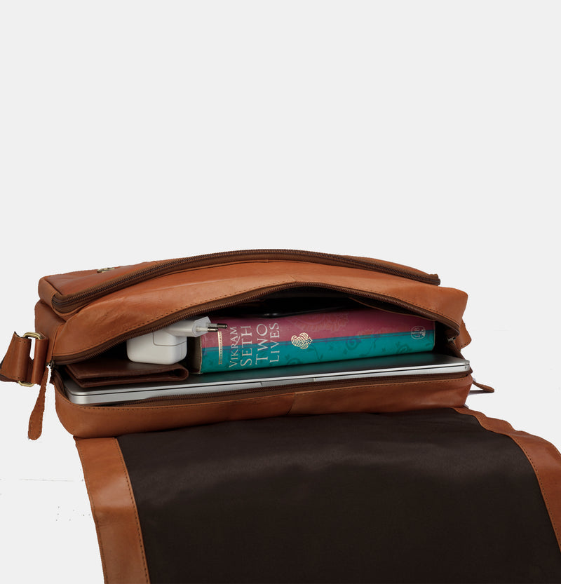 Men Leather Flap Over 14 inch Messenger Laptop  Bag
