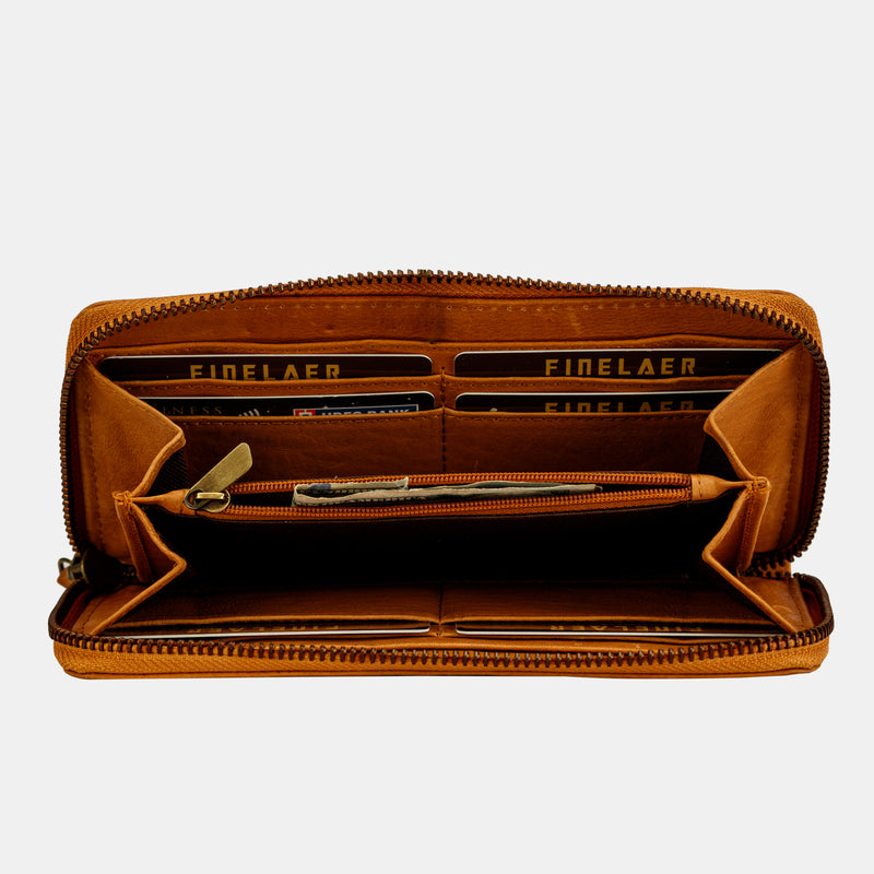 Brown Leather Women Wallet Purses Zip Around RFID