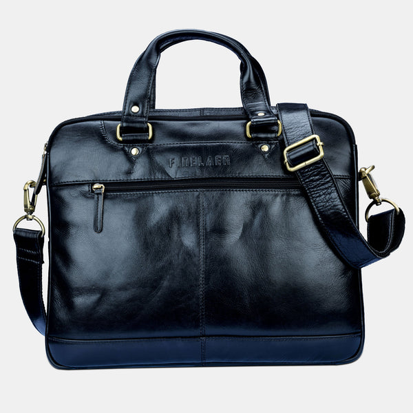 Finelaer Black Designer Vintage Leather Messenger Laptop Bag For Men 14 inch